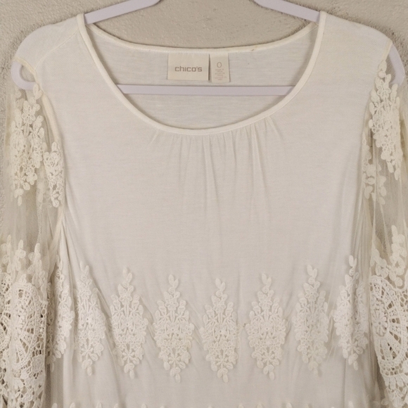 Chico's Cream Crochet Knit Tulle Overlay Round Neckline 3/4 Sleeve Pullover Top - Picture 2 of 12